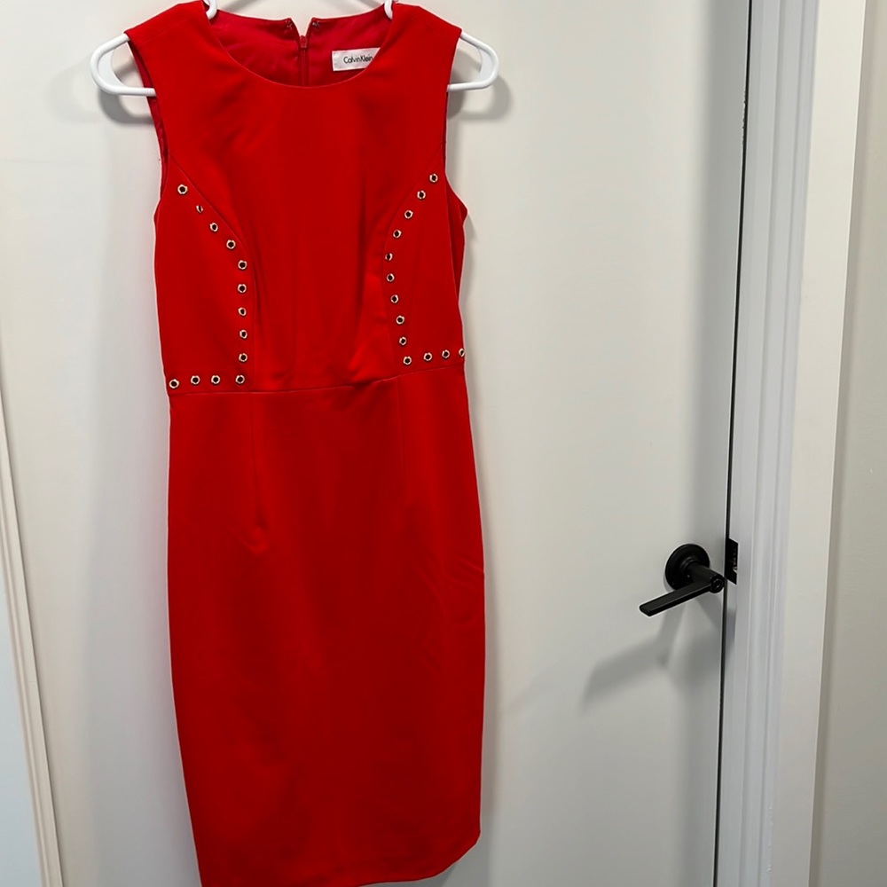 Calvin Klein Red Dress with Gold Details (size 0)